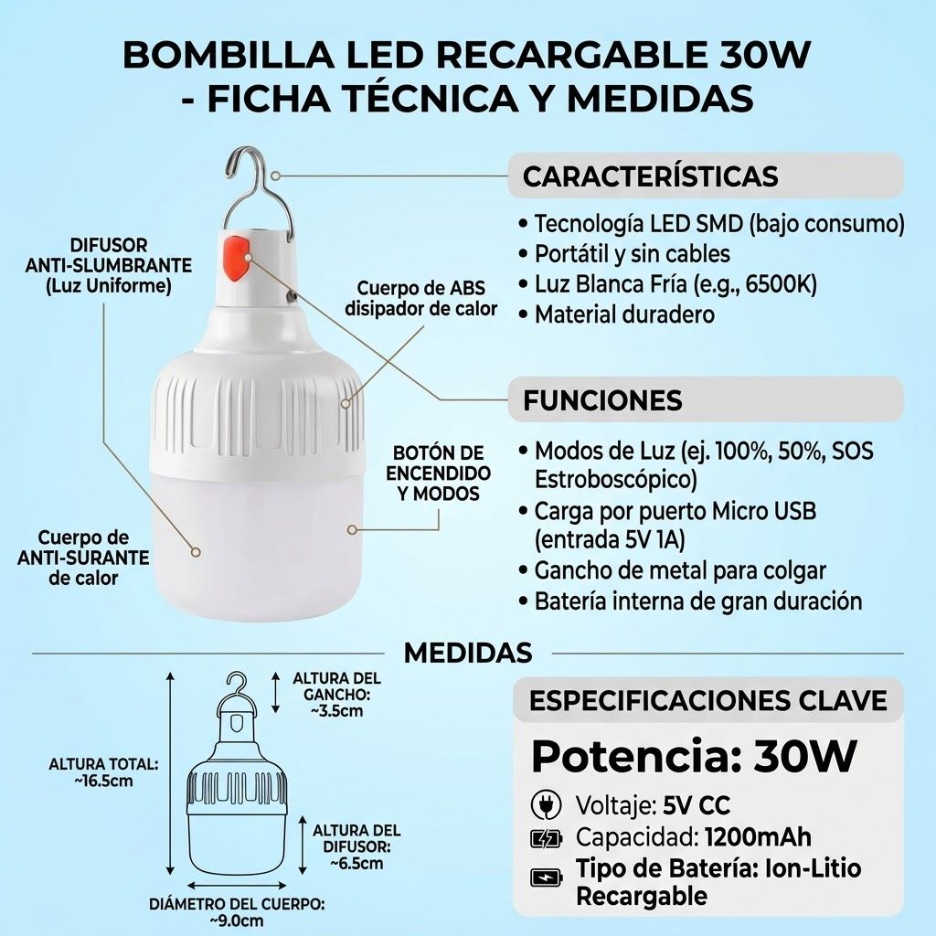 Bombilla recargable 30w